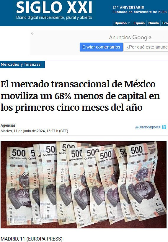 El mercado transaccional de Mxico moviliza un 68% menos de capital en los primeros cinco meses del ao